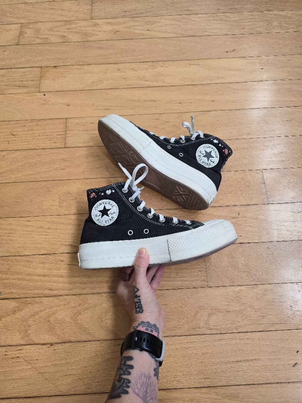 Converse | Whimsy Black Canva Floral Platform High Top Sneakers | WMS 7.5